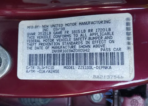 1998 Toyota Corolla Le из США, поврежденный, VIN 1NXBR18E8WZ080942